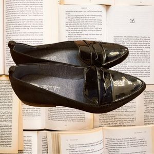 DR SCHOLLS BLACK SHINY POINTED TOE PENNY LOAFERS WOMENS 8